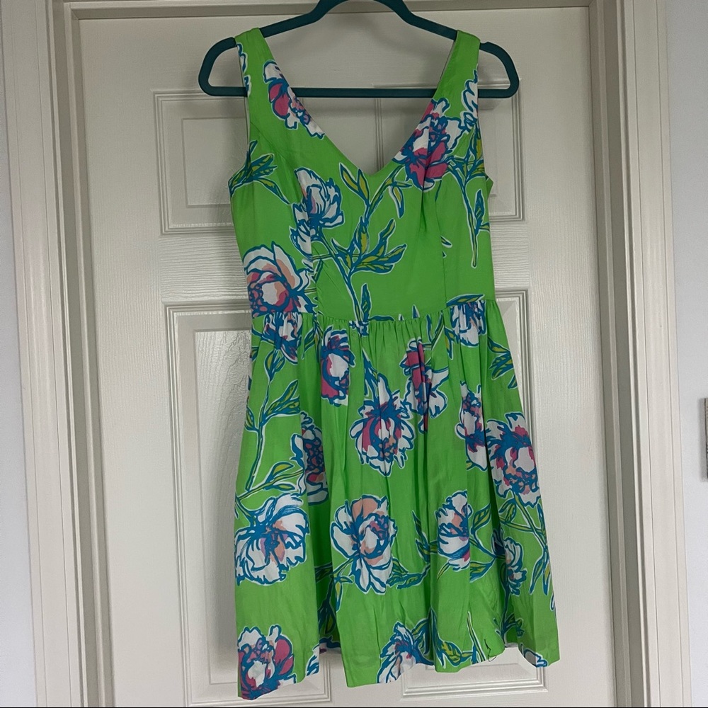 Lilly Pulitzer Rosswell Dress Green Tossed Silk Fit Flare 4